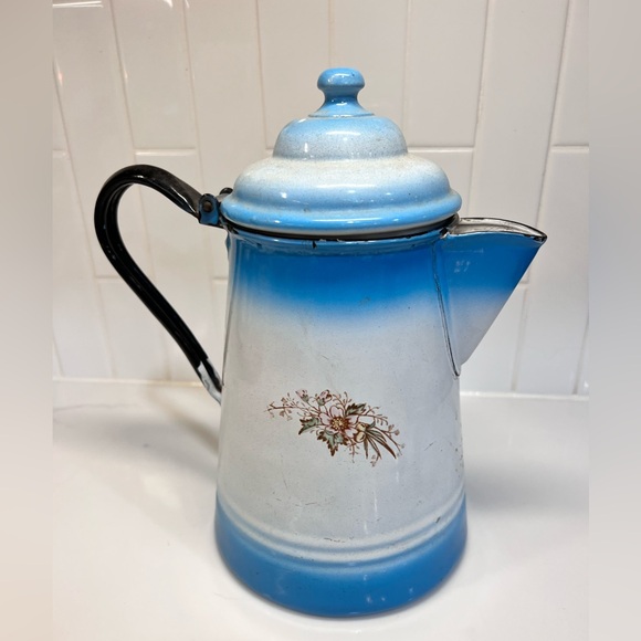 Antique Blue and White Enamelware Coffee Pot Flowers Stewart W Virginia - Picture 5 of 9